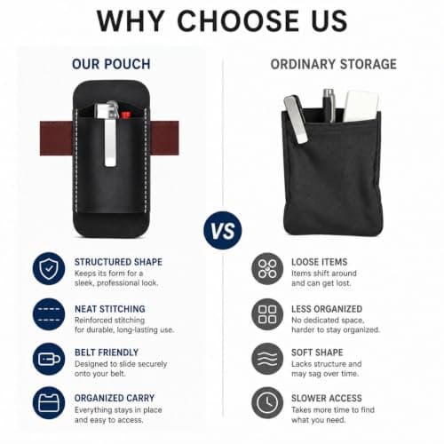 HOQBFSN Genuine Cowhide Leather Multitool Sheath Horizontal EDC Belt Pouch Compact Tool Holster Pocket Organizer with Belt Clip for Men Black — view 5