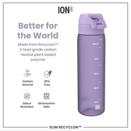 Ion8 Water Bottle, 500 ml/18 oz, Leak Proof, Easy to Open, Secure Lock, Dishwasher Safe, BPA Free, Hygienic Flip Cover, Carry Handle, Fits Cup Holders, Easy Clean, Carbon Neutral, Purple — view 5