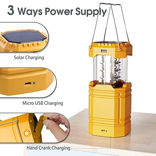 LED Camping Lantern for Emergency, Ultra Bright Outdoor Solar Flashlight with 35 Hours Play Time, Hand Crank Collapsible LED Tent Light, Portable USB Charger Yellow — view 2