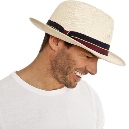 RockParty Unisex Panama Style Straw Fedora Hat – Classic Summer Trilby Sun Hat for Beach, Travel, Outdoor Fashion & Holiday Wear (Beige Black & Blue) — view 2