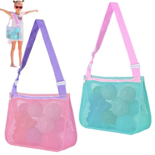 Kemay Mesh Beach Bag for Kids, Foldable Seashell Collecting Bag with Adjustable Strap, Sand Remover Shower Caddy Tote, Quick Dry Wash Bag for Swimming Pool, Travel and Camping Accessories