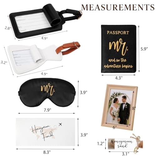 Mr and Mrs Honeymoon Travel Gift Set, Includes Embroidered Passport Covers, Luggage Tags, Eye Masks, Honeymoon Sand Keepsake Jar, Picture Frame, Honeymoon Funds Envelope (Dress Tuxedo) — view 2