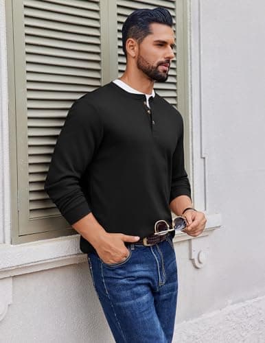 Ekouaer Mens Long Sleeve Shirt Waffle Knit Henley Tops Black L — view 5