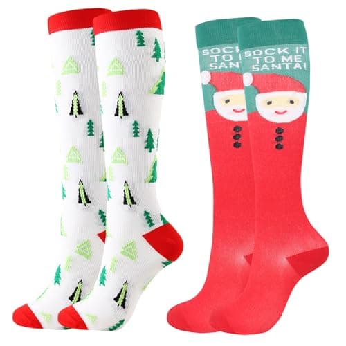 JK Home 2 Pairs Christmas Compression Socks for Women Men, Knee High