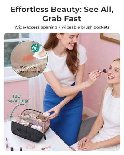BAGSMART Travel Makeup Cosmetic Bag for Women, Flat Lay, with Clear Pocket — view 2