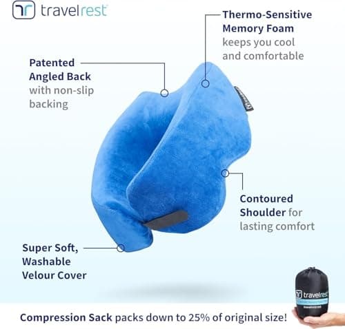 TRAVELREST Nest Neck Pillow for Travel - Advanced Support for Long Flights, Memory Foam Patented Design for Optimal Relaxation, Ergonomic, and Washable, On-the-Go and Attaches to Luggage - Blue — view 6