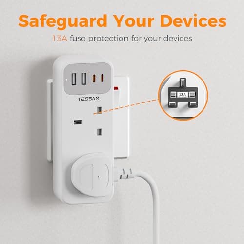 TESSAN Double Plug Adapter UK with 2 USB C, Multi Plug Extension Socket — view 5