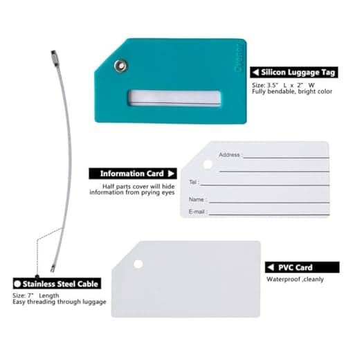 5Pack Silicone Luggage Tag with Name ID Card Perfect to Quickly Spot Luggage Suitcase by Ovener, Turquoise Green, L3.5 x W2 inch (Tag), L 3.4X W1.8 inch (Name Card) — view 2