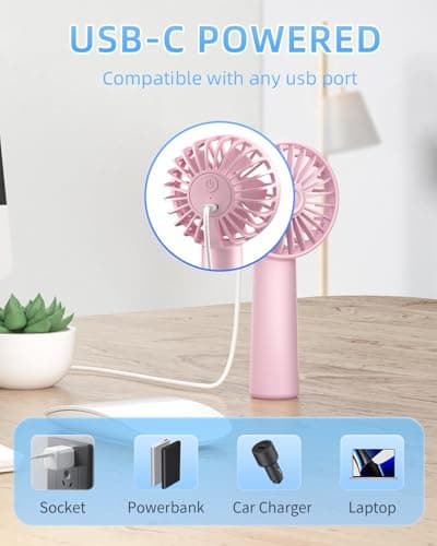 Portable Handheld Fan, Small Personal Hand Fan with 3 Speeds 1800mAh USB Rechargeable, Mini Hand Held Fan for Makeup Eyelash, Travel Gifts for Girls Women Kids — view 5