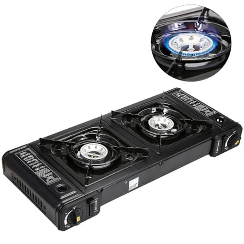 Taylor & Brown Portable Dual Burner Camping Stove, Black | EN417 Compliant Premium Double Gas Cooker | with Automatic Ignition & Heat Control | for Camping, BBQ & Outdoor Cooking