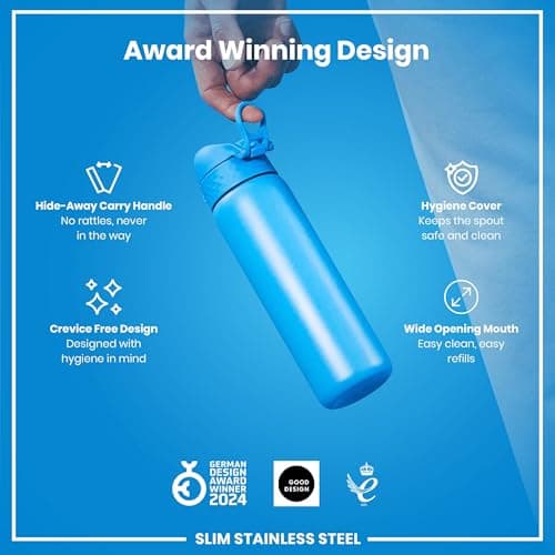 Ion8 Lightweight Steel Water Bottle, 600 ml/20 oz, Non-Insulated, Leak Proof, Easy to Open, Secure Lock, Dishwasher Safe, Flip Cover, Fits Cup Holders, Carry Handle, Metal Water Bottle, Blue — view 6