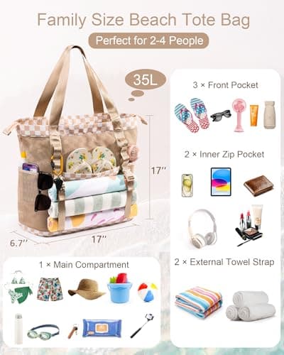 Elmklare 35L large Mesh Beach Tote Bag With Zipper for Women with 6 Pockets — view 3