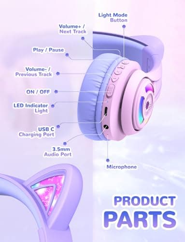 iClever BTH13 Kids Headphones Wireless Girls LED Cat Ear Travel Gift — view 5