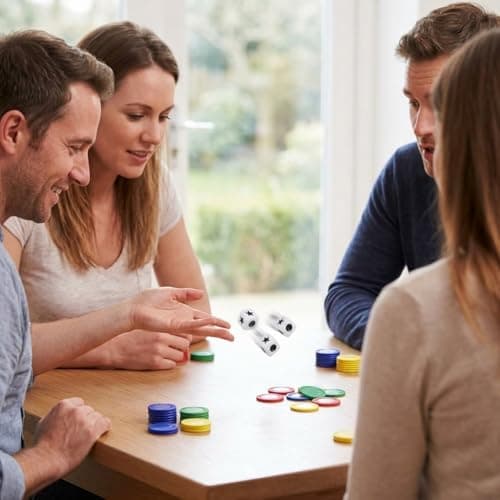 FINGOOO Left Right Centre Dice Game, 40 Chips in 4 Colours and 3 Cubes, Classic Rolling Games Kit Family Camping Party Game Night — view 6