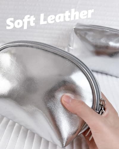 Intonowa Small Makeup Bag，Cosmetic Bags for Women，Silver Leather Makeup Pouch, Silver, Shell Bag — view 4