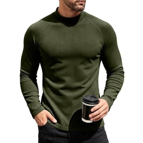 Turtleneck Tops for Men, Slim Fit Thermal Long Sleeve Base Layer,Army Green