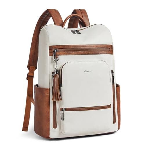 Shrrie Upgraded Large Travel Laptop Backpack Fits 17 inch Laptop,Vegan Leather Computer Backpack for Women and Men Business,Beige with Brown