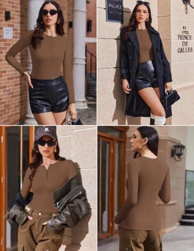 Ekouaer Womens Thermal Long Sleeve Ribbed Henley Top 1 Pack Brown S — view 4