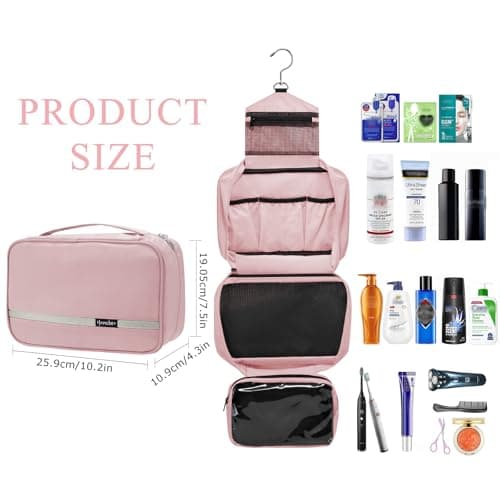 homchen Hanging Toiletry Bag Travel Kit for Men Women, Upgrade Large Capacity Wash Bag Makeup Bag with 4 Compartments, Foldable Compact Size (Pink) — view 5