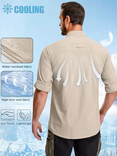 Jessie Kidden Mens Safari Shirts Long Sleeve UV Protection Hiking Fishing UPF 50+ Quick Dry Cooling Camping Travel Shirts #5060-Light Khaki-XXL — view 3