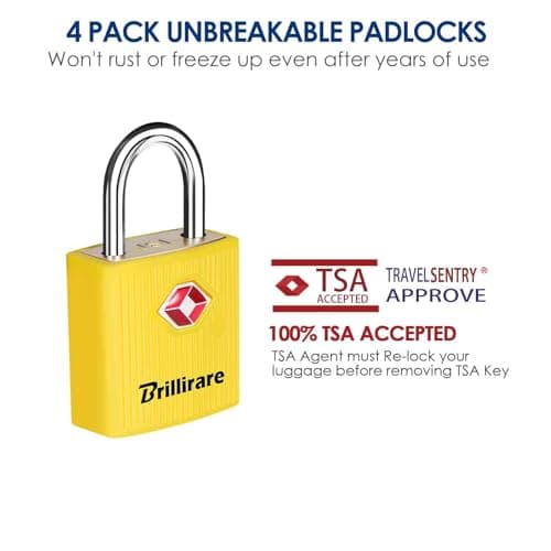 Brillirare 4 Pack TSA Approved Luggage Locks with Keys, Travel Padlock, Zinc Alloy Waterproof Keyed Lock, TSA Outdoor Metal Lock for Lockers, Bags, Backpack, Gym, Gate-Yellow — view 3