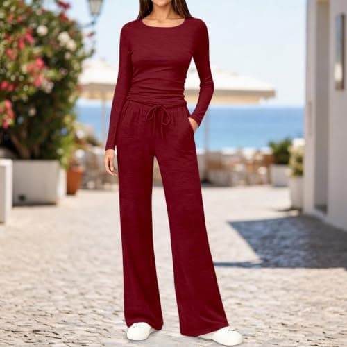 Travel Sets for Women Burgundy 2 Piece Co Ord Outfit Set Long Sleeve Top with Drawstring Wide Leg Pants Airport Travel Outfit Casual Holiday Clothes for Women UK Home Travel Streetwear Size L — view 4