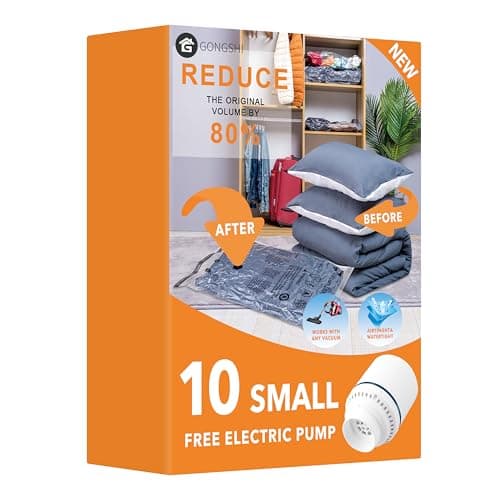 10 Small Vacuum Storage Bags with Electric Pump,Plastic Packaging Bags, Space Saver Bag for Clothes, Mattress, Blanket, Duvets, Pillows, Comforters, Travel