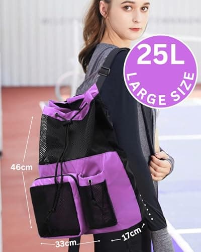 JIMJOOS Drawstring Mesh Swimming Bag - 25L Waterproof Swim Bag with Wet/Dry Compartment, Multifunctional Sports Backpack for Kids, Adults, Swimming, Surfing, Beach, Gym (Purple) — view 5