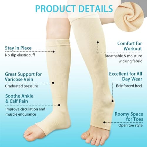ACWOO Compression Socks for Women & Men, 2 Pairs Open Toe Graduated Stockings Support, Non-Slip Flight Socks Running Socks for Sports, Flying, Maternity Pregnancy, Nurses, Travel, Running — view 2