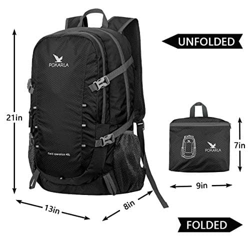 POKARLA 40L Foldable Rucksack Travel Hiking Daypack Durable Lightweight Walking Camping Folding Sports Outdoor Backpack Water Resistant Ultra Packable Carry On Bag Unisex Black — view 2