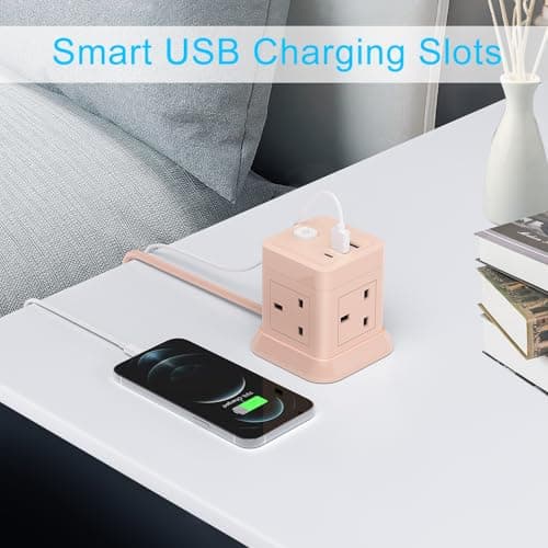 Cube Extension Lead with USB Slots, BEVA 4 Way Multi Plug Power Strip with 3 USB Ports, 3M Desktop Power Extension Socket Extension Cords for Home Dorm Office Travel-Pink — view 6