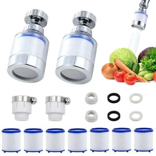 LURNODY Pack of 2 Water Filter Tap, 360° Water Filter Tap, Tap Filter for Drinking Water, Water Filter for Tap with 7 Pieces PP Cotton Filter Element and Universal Adapter