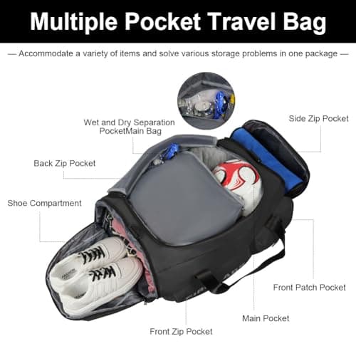 Flintronic Gym Duffle Sports Bag, 65L 3-in-1 Waterproof Gym Duffle Bag, Gym Sports Bag with Shoes Compartment+Wet Pocket, Travel Duffel Bag with Shoulder Strap+Backpack Function for Sports Travel — view 4