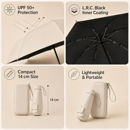 WHJYCC Mini Travel Umbrella, UPF 50+, 6-Rib, Beige, with Zip Case — view 3