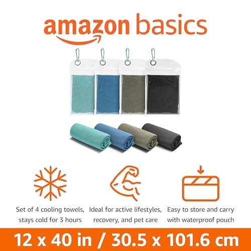 Amazon Basics Gym Cooling Towels for Neck and Face, Working Out, 102 cm x 31 cm, 4-Pack, Black/Gray/Aqua/Navy — view 2
