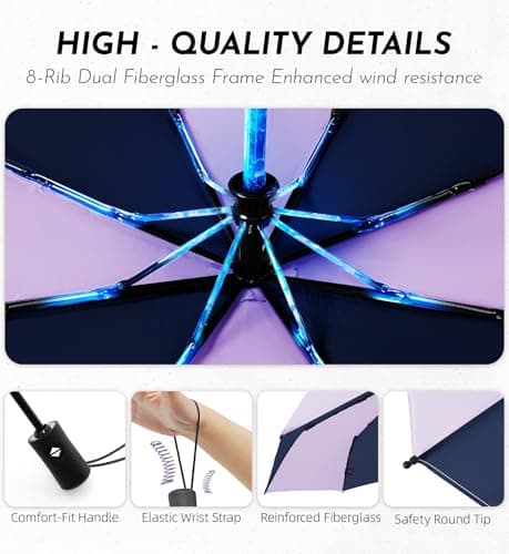 LILAC Windproof Auto Umbrella, Unique Bicolor 8 Ribs Easy Close Brolly — view 6
