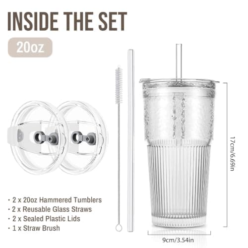 SoulTimes 600ml Ribbed Glass Tumblers with Lids and Glass Straws, Set of 2 – Leakproof Design, Durable Drinking Glasses for Iced Coffee, Juice, Smoothies & Cold Beverages, Includes Cleaning Brush — view 3