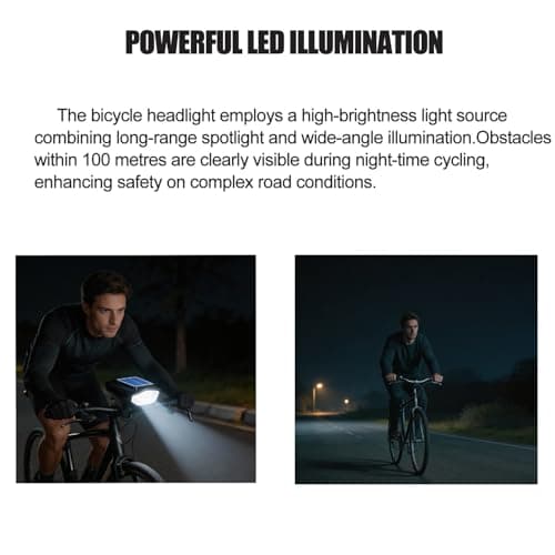 Solar Powered Bike Headlight with Horn,USB Rechargeable Bike Front Headlight,LED Bicycle Lights for Night Riding,Black — view 5