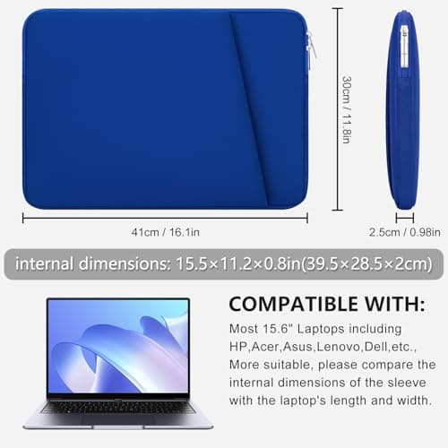 HEDUGO Laptop Sleeve Case with Zipper Accessory Pocket Compatible with 15.6 inches HP Dell Asus Lenovo Padded Computer Pouch Cover Shockproof Protective for 15.6” Laptop/Chromebook/Tablet,Blue — view 5