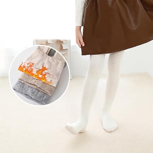 Kids Fleece Thermal Tights Baby Girls Plain Cotton Leggings with Feet Autumn Winter Thick Warm Ribbed Knitted Trousers Soft Comfort Stretchy Yoga Dance Pants (Grey, 1-3 Years) — view 2