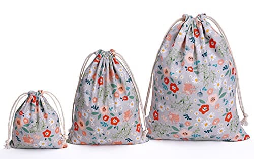 Amoyie Cotton Drawstring Bag 3pcs, Kids Storage Bag, Fabric Organiser Pouch
