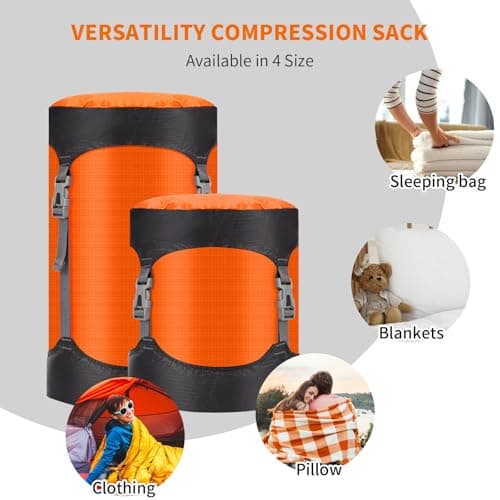 Risipu Compression Stuff Sack, 8L/15L/25L/35L/52L Sleeping Bag Compression Sack Great for Compression Bag Waterproof Outdoor Storage Bag for Backpacking, Traveling,Hiking and Camping (Orange, L) — view 6