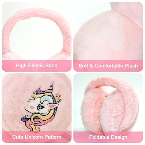 IHCEMIH Ear Muffs Women Girls Earmuffs Fluffy Plush Foldable Unicorn Earmuff Winter Accessories Soft Ear Warmers Running Skiing Ears Covers Protectors from Wind Cold Outdoor Gift for Childrens Pink — view 3