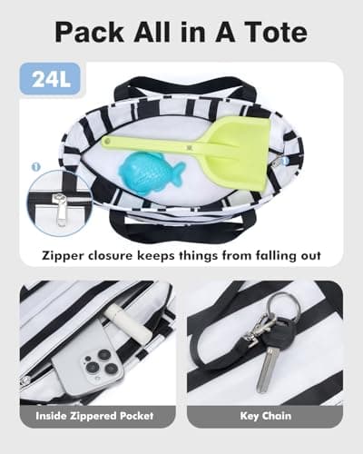 Beach Bag with Zip and Pockets Small Beach Tote Bags for Women, Stripes — view 3