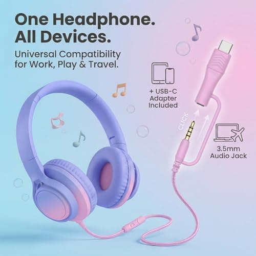 Zollexa Kids Over-Ear Headphones, 85/94dB, Mic, USB-C Adapter, Pink — view 2