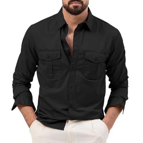 BiCophy Mens Long Sleeve Sun Protection Safari Shirts Casual Slim Fit Tactical Cargo Work Shirts Outdoor Lightweight Button Down Hiking Travel Camping Shirts Black