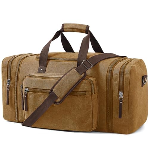 EKOROMIER 55L Canvas Travel Duffel Bag for Men – Expandable Weekender Holdall – Cabin Size Overnight Bag for Gym, Carry-On or Short Trips – Camel Brown