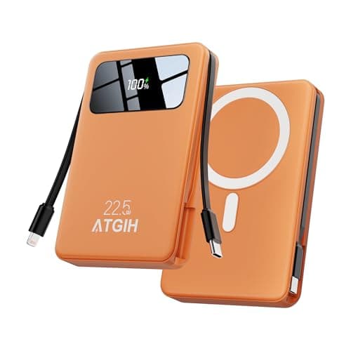 ATGIH 10000mAh Magnetic Wireless Power Bank, 5-in-1 Portable Charger with 2 Built-in Cables, 22.5W PD Fast Charging Magnetic Battery Pack for iPhone 17/16/15/14/13/12 and All Series，Orange