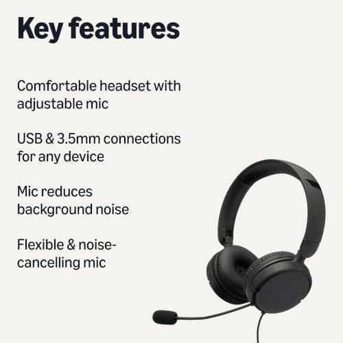 Amazon Basics Over-Ear Computer Headphone with Cable, Adjustable Microphone, 3.5mm Connection, Wired Control with USB-A, Foldable, Headset for Office, Smartphone, PC, Laptop, Black — view 2
