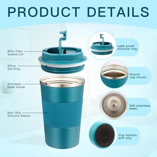 Senshuomy Travel Mug, Insulated Coffee Cup with Leakproof Lid, Reusable Coffee Cups Travel Cup, Stainless Steel thermaol Mug for Hot Cold Drinks (Blue 380ml) — view 2